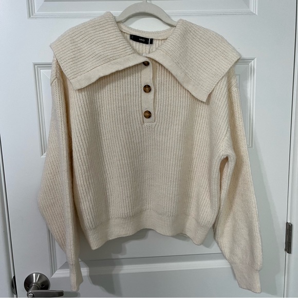 Mango Camp Collar Soft Knit Sweater Label Collar Buttoned Sweater Long Sleeve L - Picture 6 of 9